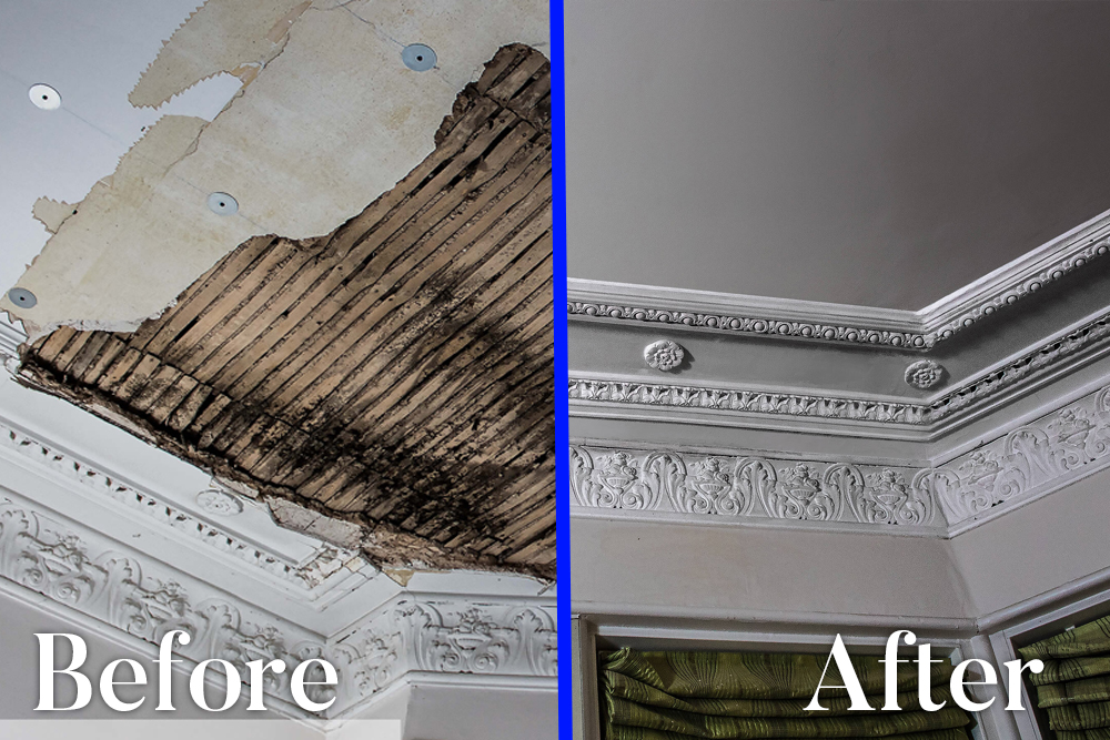 Before and after cornice repair in Glasgow city centre